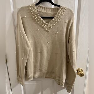 Elegant Pearl-Embellished Cream Sweater